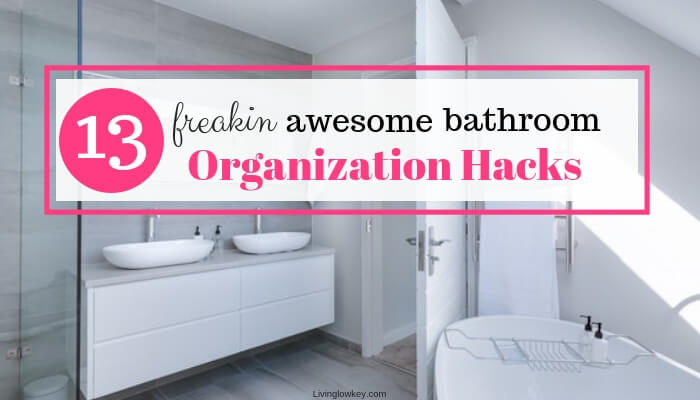In a bathroom checking out their bathroom organization ideas.
