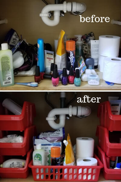 Under the Kitchen Sink Organization with Dollar Store Bins