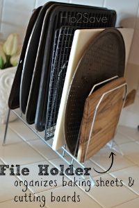 Organize your cookie sheets and other kitchen essentials in a file holder.